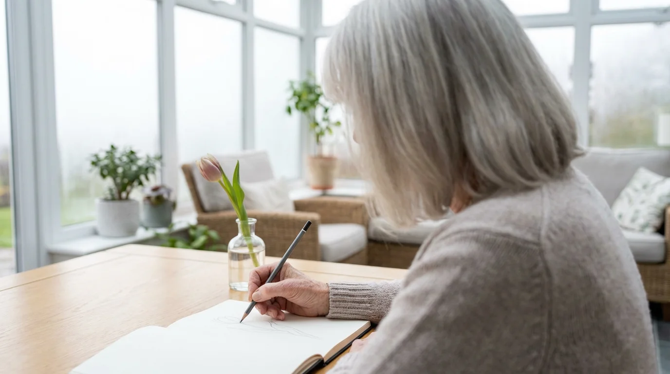 Over-the-shoulder view of a senior woman beginning a pencil sketch in a sunlit room.