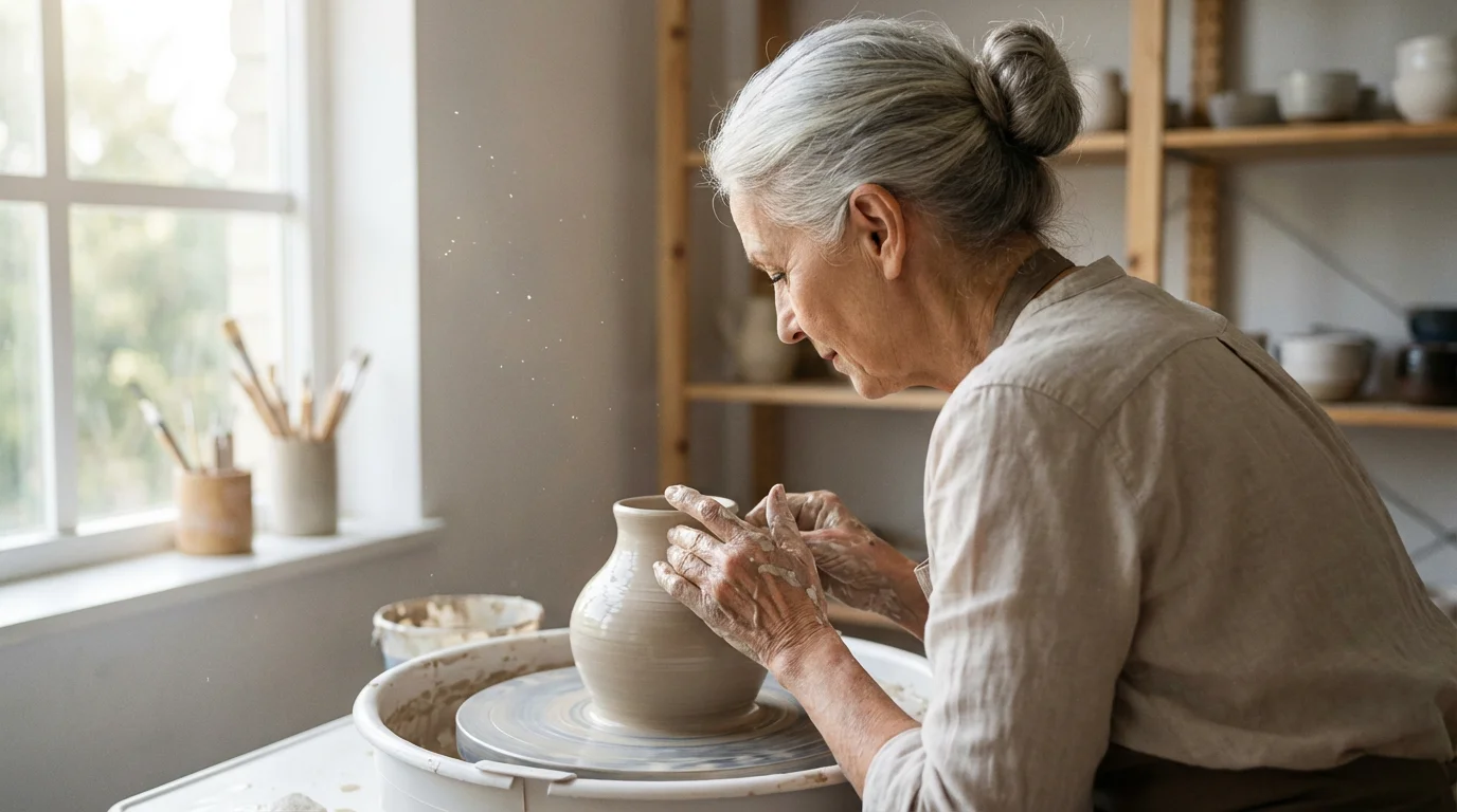 Over-the-shoulder view of a senior woman learning to shape clay on a potter's wheel.