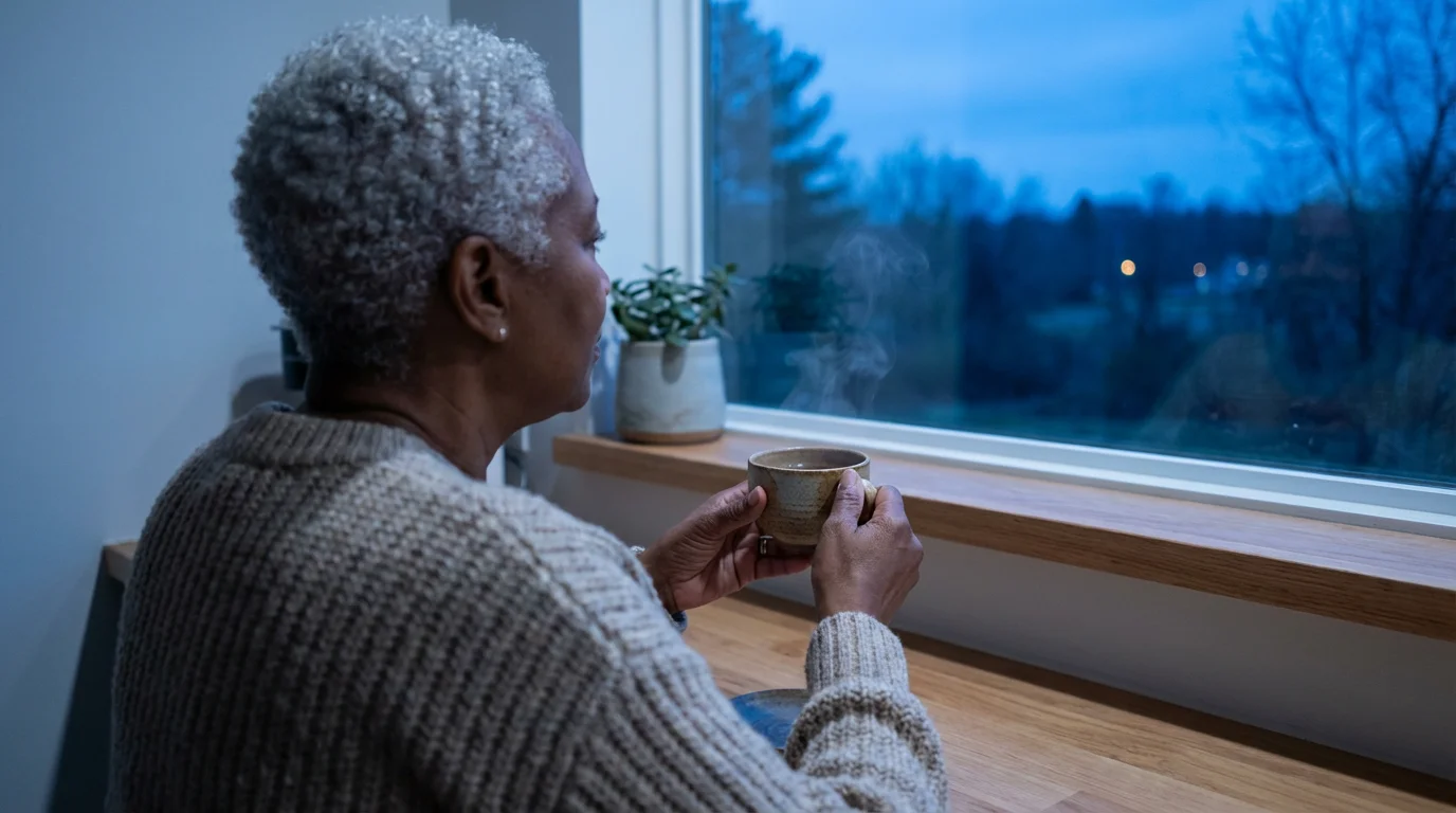 Over-the-shoulder view of a senior woman holding a warm teacup during evening twilight.