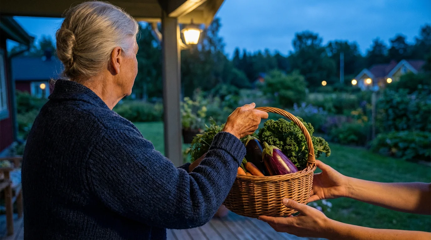 Over-the-shoulder view of a senior woman sharing a basket of fresh garden vegetables.