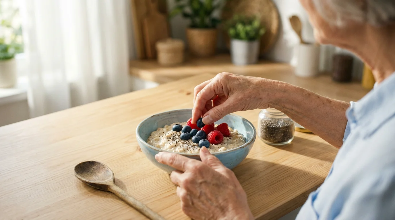 Over-the-shoulder view of a senior woman preparing a fiber-rich oatmeal bowl with berries.