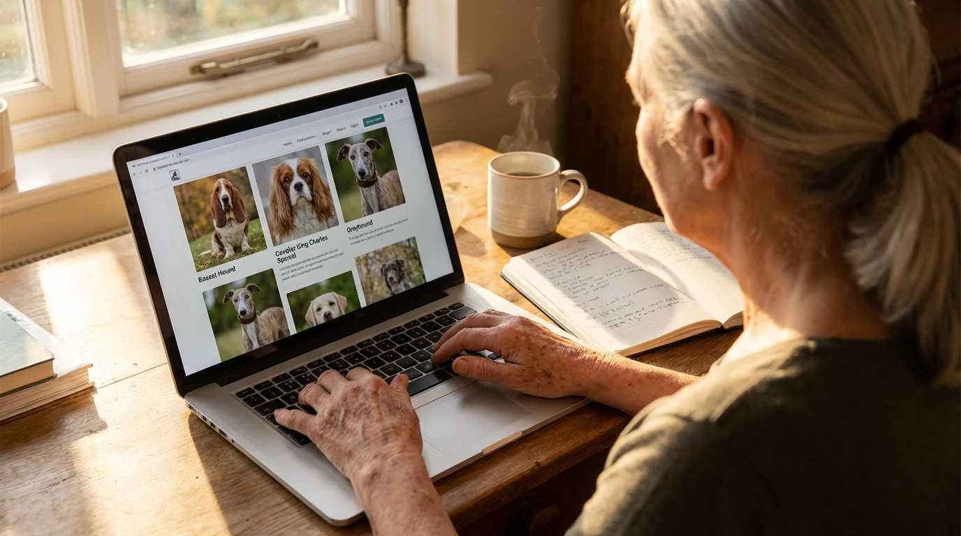 Over-the-shoulder view of a senior woman researching pet adoption on a laptop at sunset.