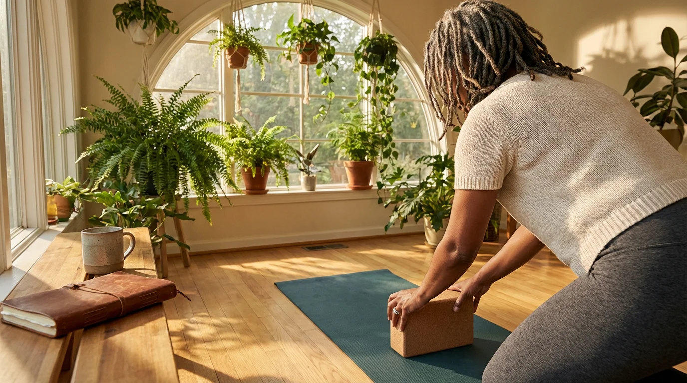 Over-the-shoulder view of a senior woman preparing her yoga mat in a sunlit room.