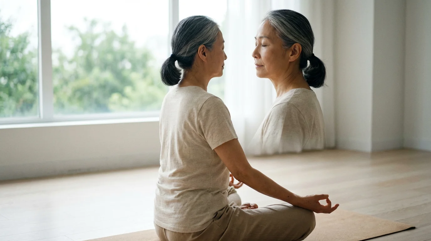 Over-the-shoulder view of a senior woman meditating in a bright, minimalist room.