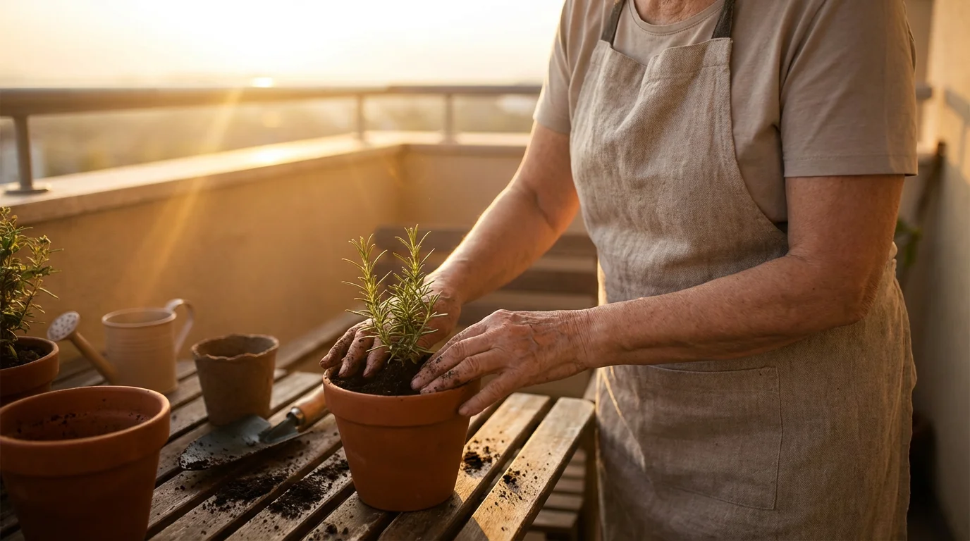 Over-the-shoulder view of a senior woman potting a small herb plant during golden hour.