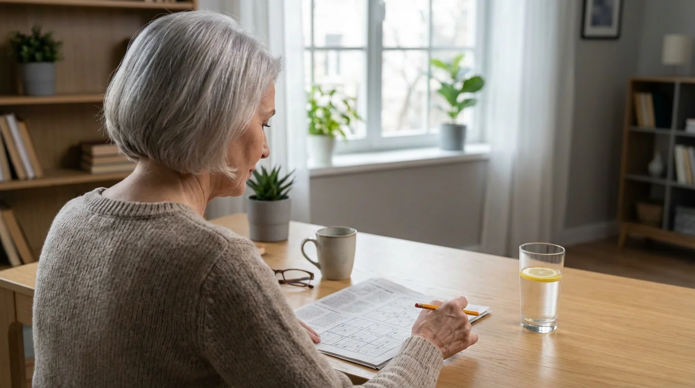 Over-the-shoulder view of a senior woman doing a sudoku puzzle with a glass of water.