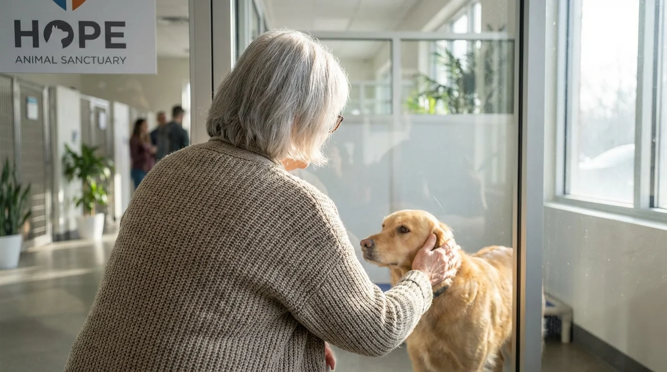 Over-the-shoulder view of a senior woman volunteering, petting a calm dog at an animal shelter.