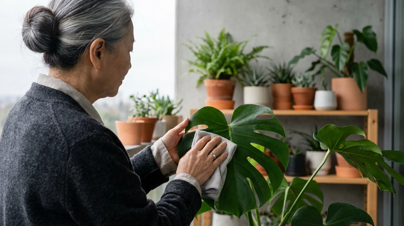 Over-the-shoulder view of a senior woman gently caring for a potted plant on her balcony.