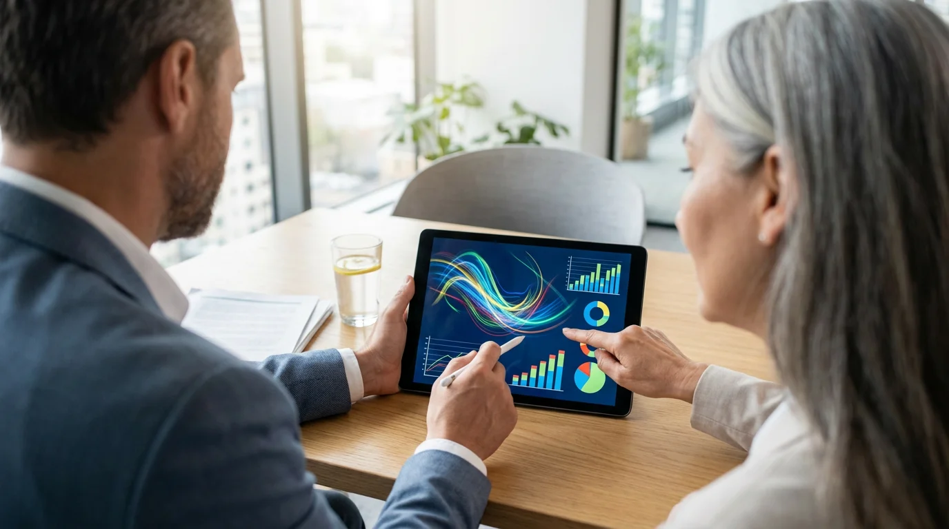 Over-the-shoulder view of a woman and financial advisor reviewing financial charts on a tablet.