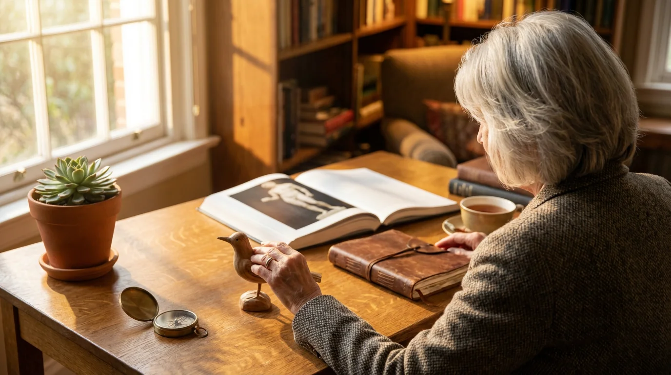 Over-the-shoulder view of a woman at a desk with items representing different hobbies.
