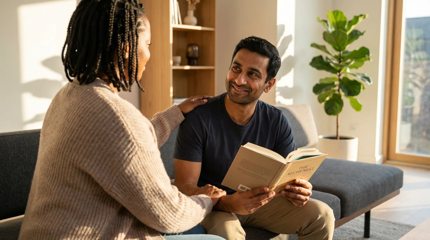 Over-the-shoulder view of a woman comforting her partner on a sofa during golden hour.