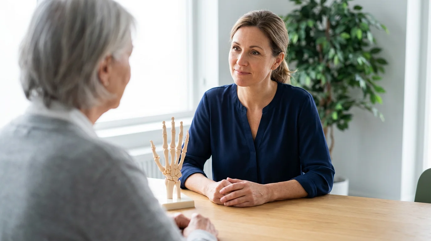 Over-the-shoulder view of a woman consulting a compassionate physical therapist in a bright office.
