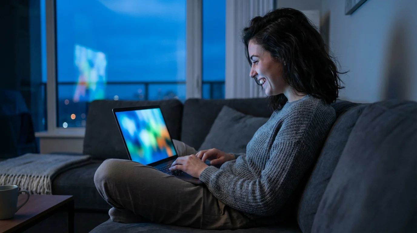 Over-the-shoulder view of a woman laughing while watching a laptop on a sofa at dusk.