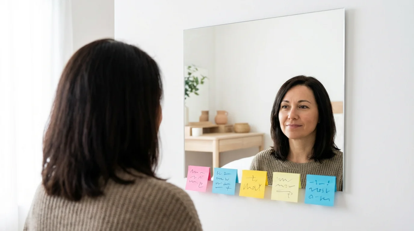 Over-the-shoulder view of a woman looking at affirmation notes on her bedroom mirror.