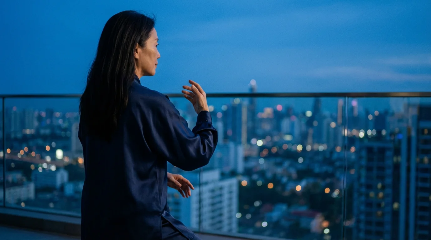 Over-the-shoulder view of a woman practicing Tai Chi on a city balcony at dusk.