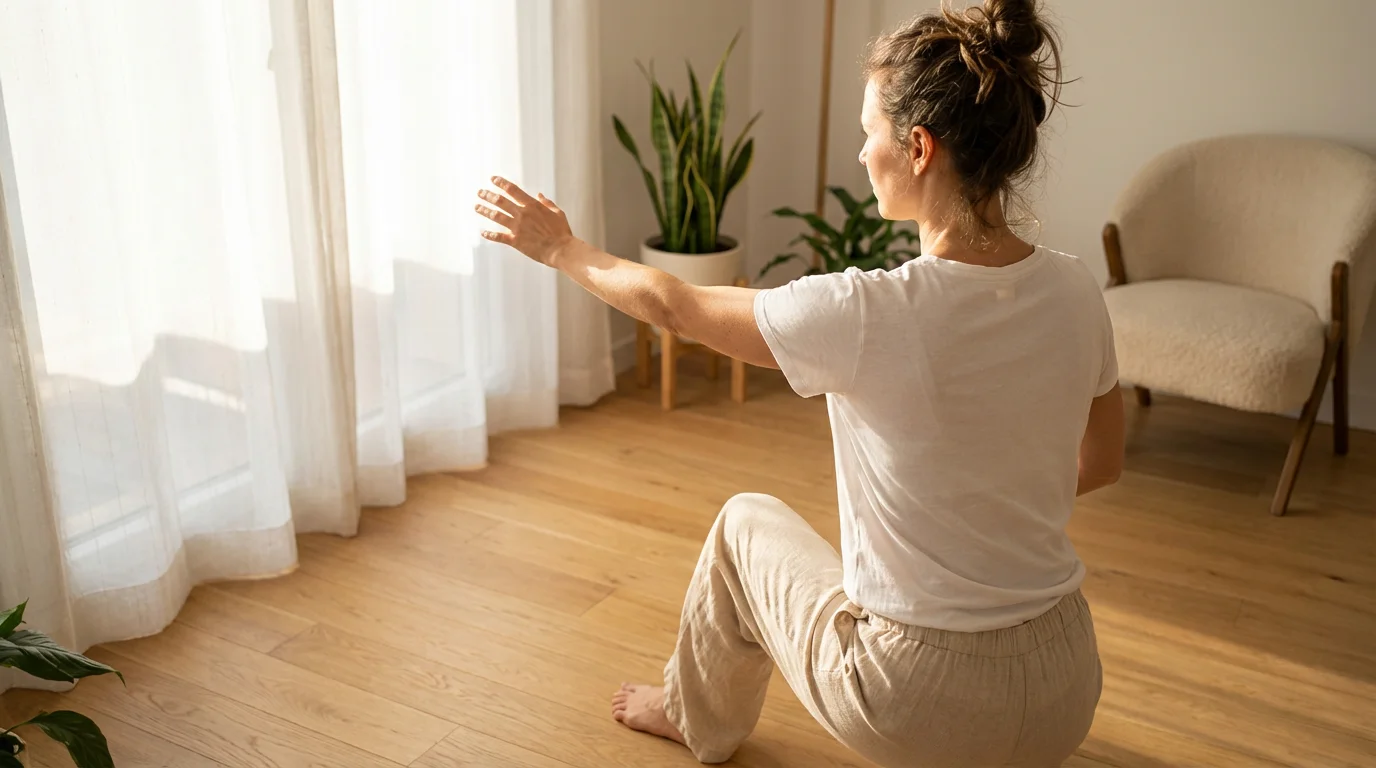Over-the-shoulder view of a woman starting her daily Tai Chi practice at home.