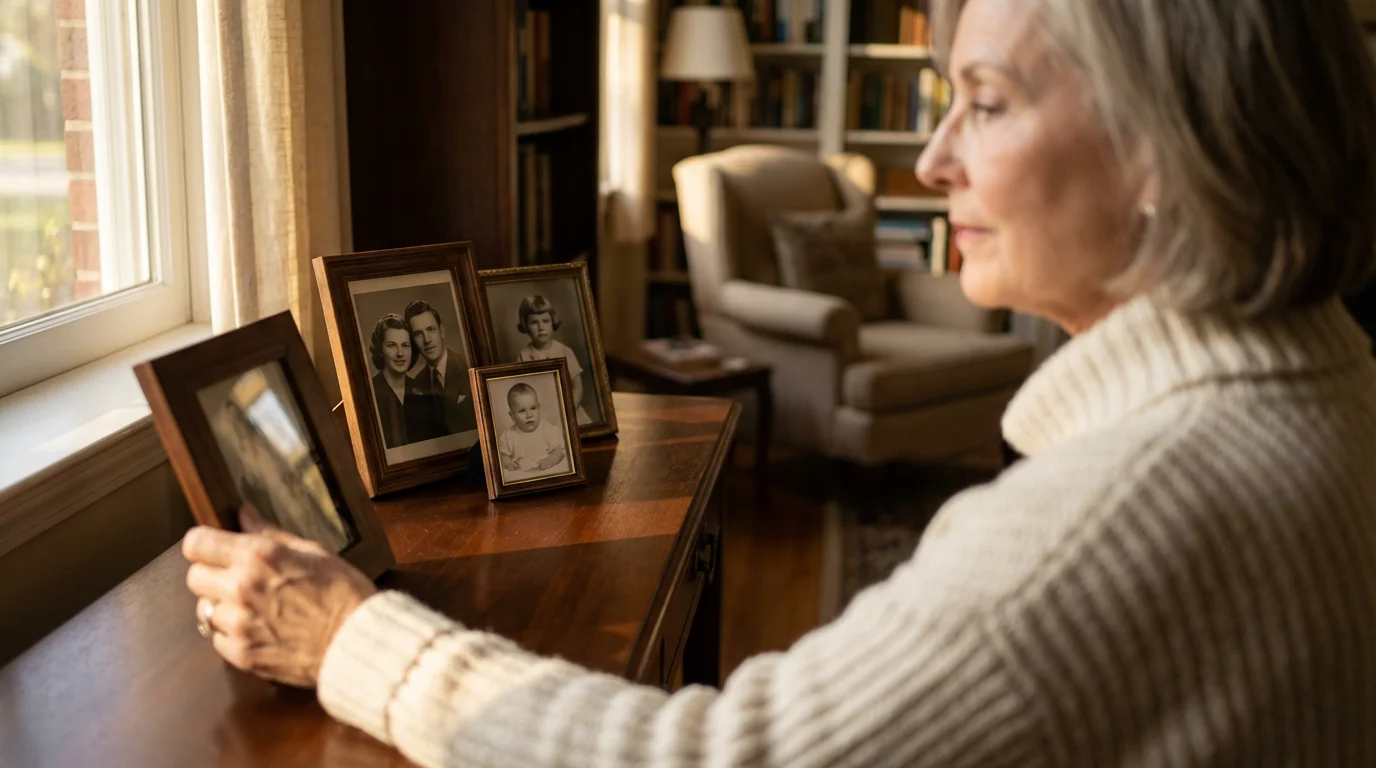 Over-the-shoulder view of a woman thoughtfully looking at framed family photos in afternoon light.