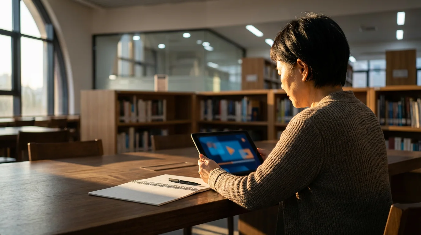 Over-the-shoulder view of a woman using a tablet in a library during the afternoon.