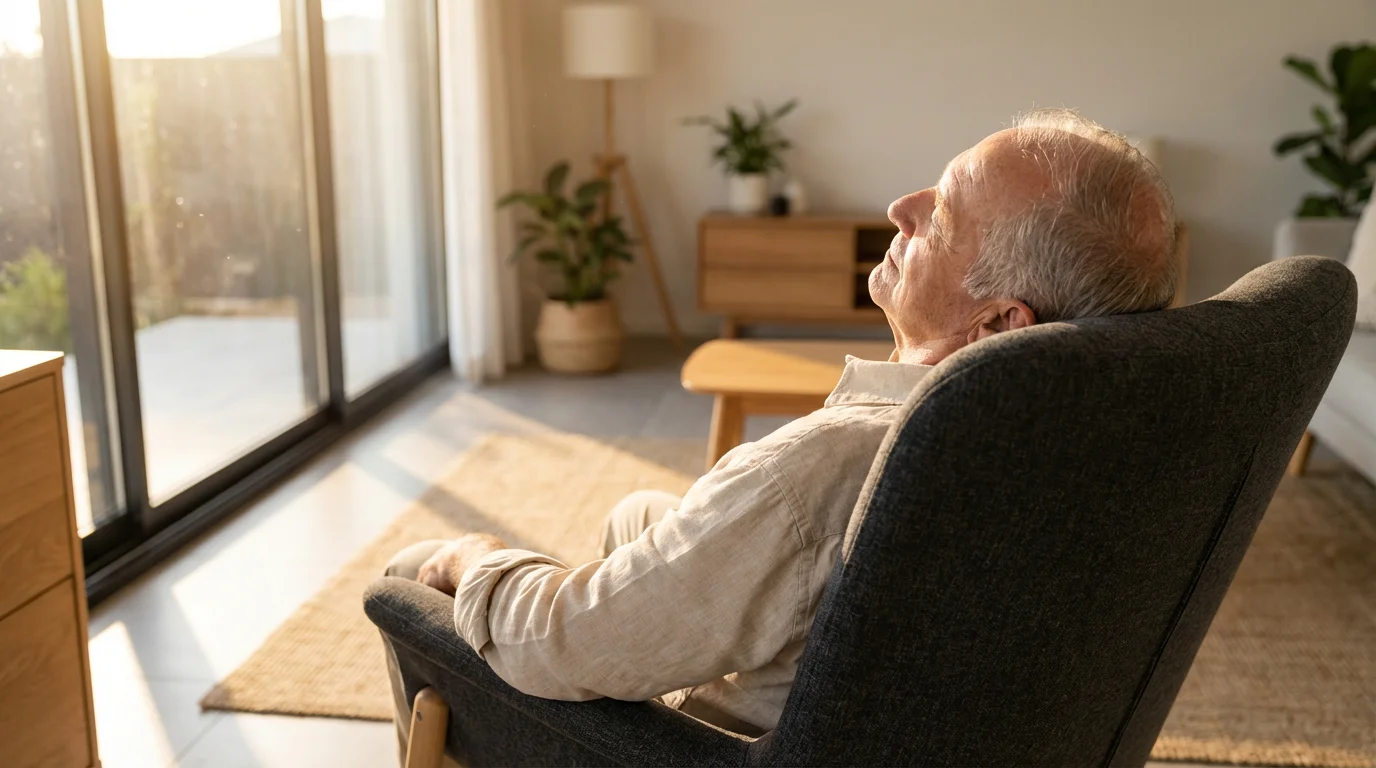 Over-the-shoulder view of an elderly man peacefully napping in a sunlit armchair.