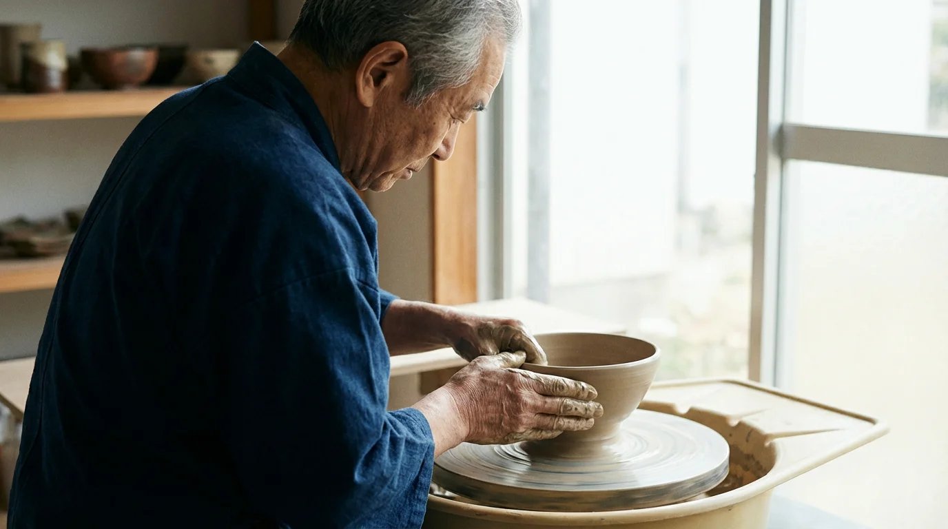 Over-the-shoulder view of an elderly man doing pottery in a sunlit artist studio.