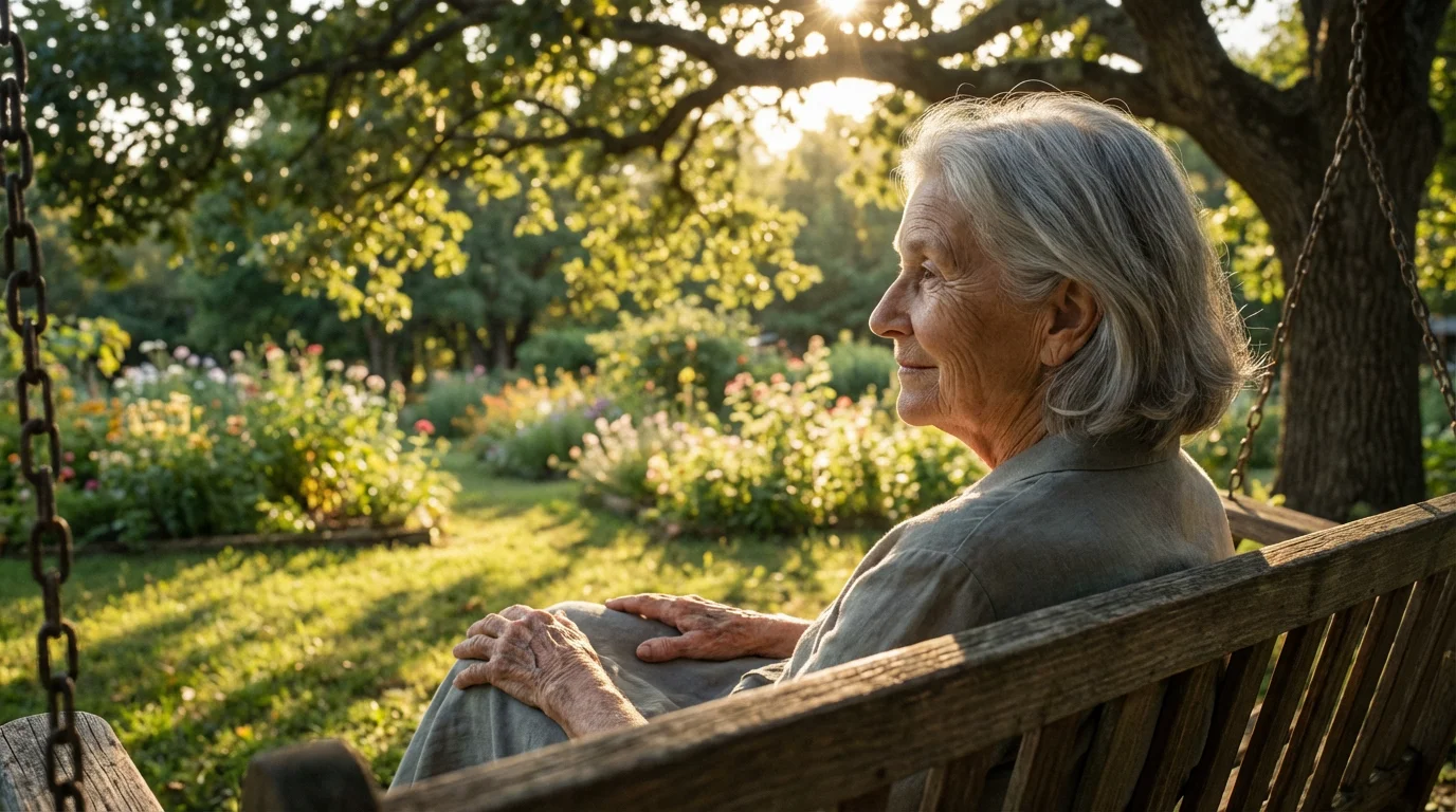 Over-the-shoulder view of an elderly woman on a porch swing at sunset.