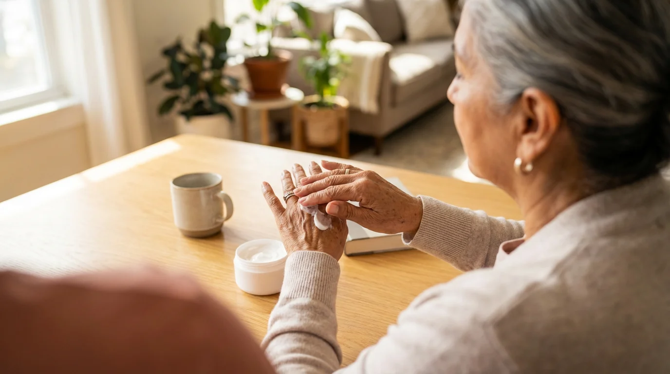 Over-the-shoulder view of an elderly woman applying soothing cream to her hands for arthritis.