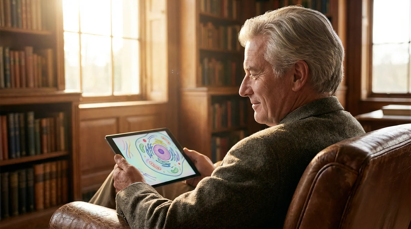 Over-the-shoulder view of an older man in a sunlit study examining a tablet.