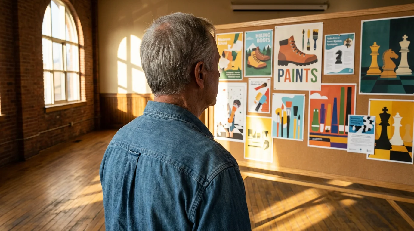 Over-the-shoulder view of an older man looking at a community bulletin board of club flyers.