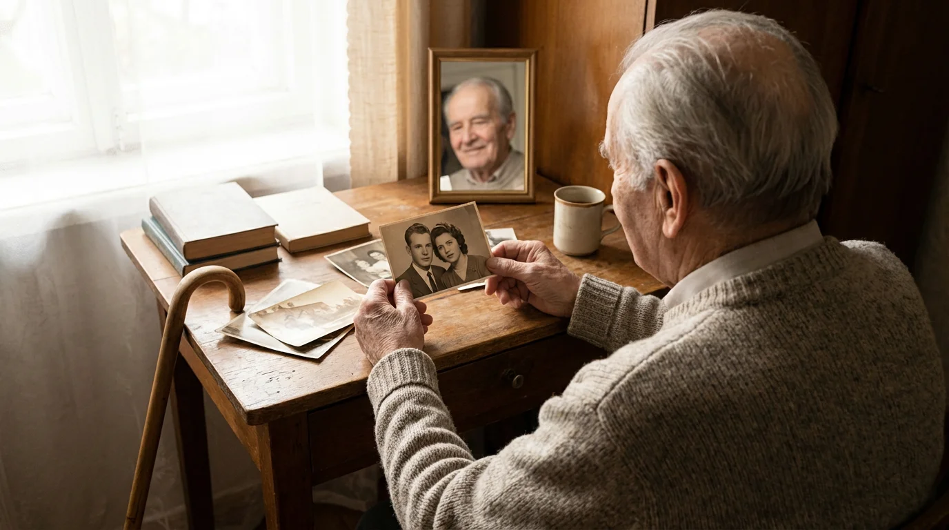 Over-the-shoulder view of an older man looking gratefully at old photographs on a desk.