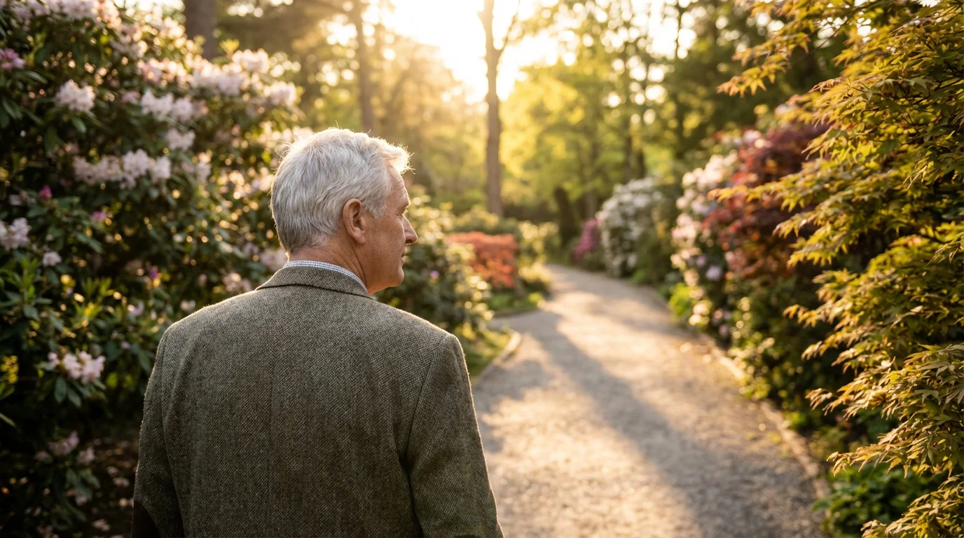 Over-the-shoulder view of an older man walking on a garden path at sunset.
