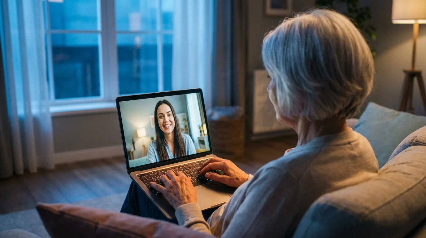 Over-the-shoulder view of an older woman having a video call on a laptop at dusk.
