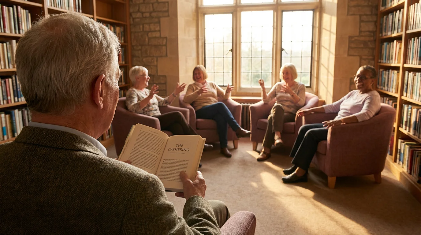 Over-the-shoulder view of seniors in a book club enjoying a warm, golden hour discussion.