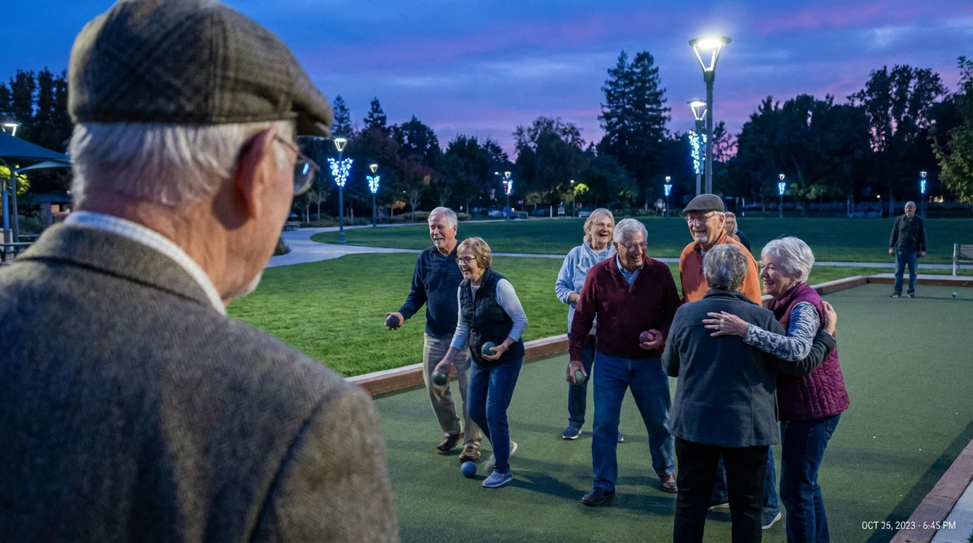 Over-the-shoulder view of seniors playing bocce ball in a park during blue hour.