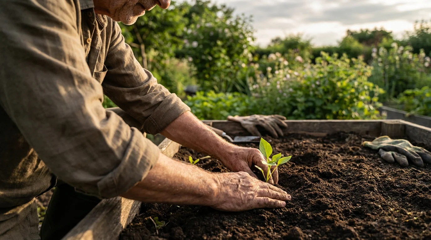 Over-the-shoulder view of weathered hands planting a small seedling in rich garden soil.