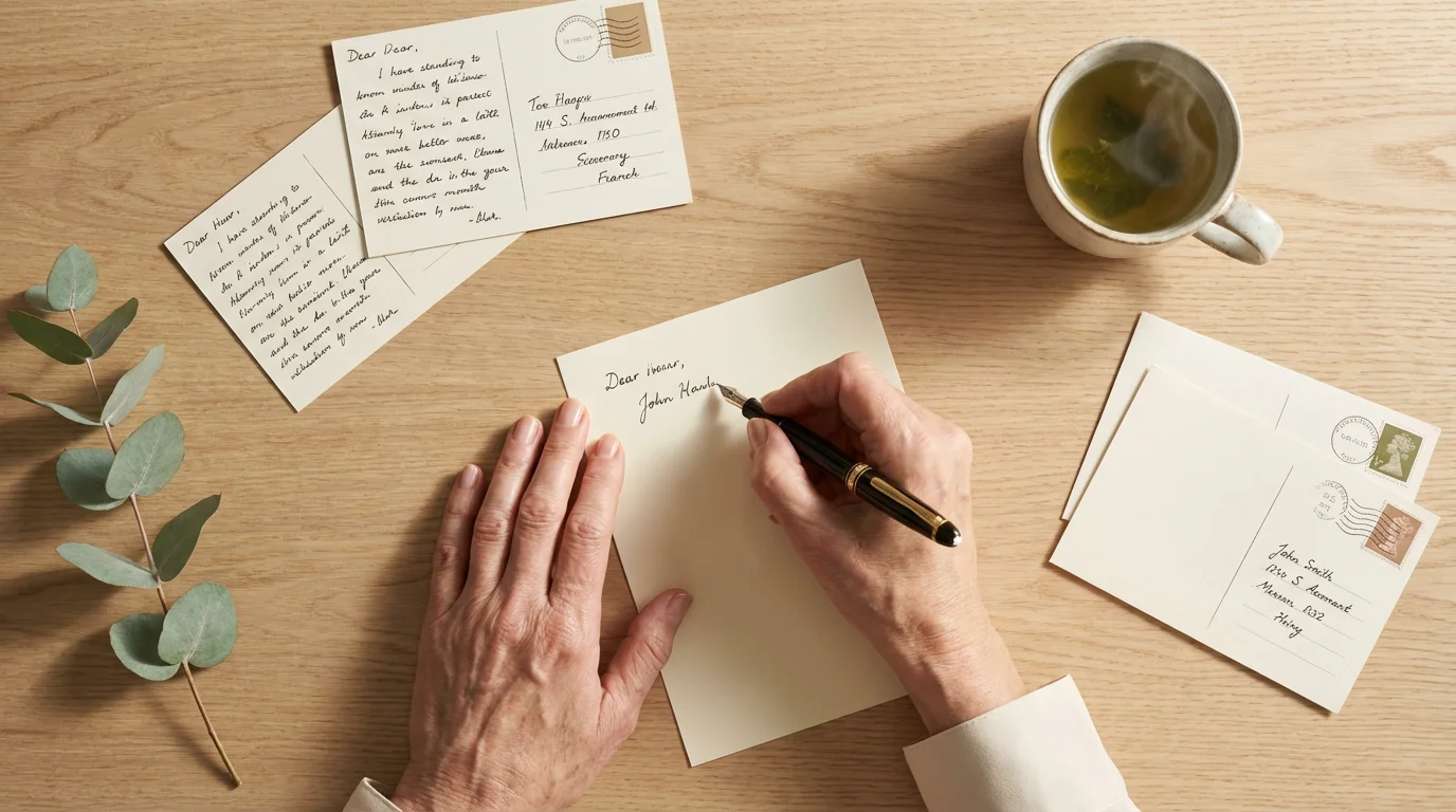 Overhead flat lay of an older person's hands writing letters on a sunlit desk.
