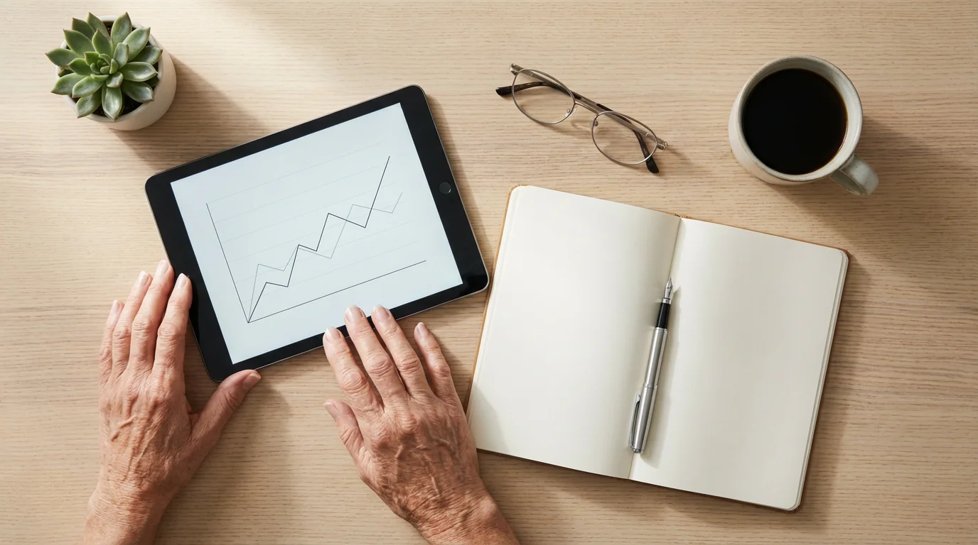 Overhead view of a senior entrepreneur's desk with a tablet, notebook, and coffee.