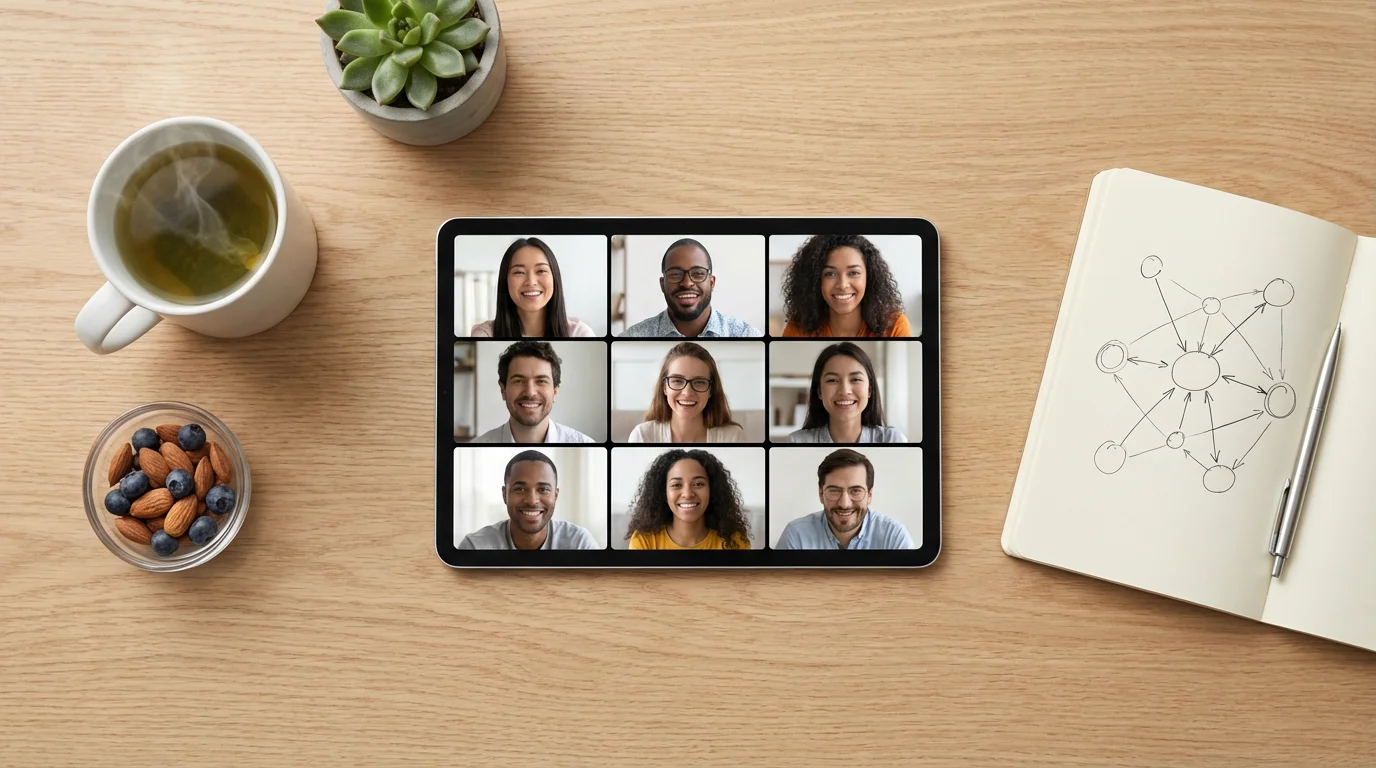 Overhead view of a tablet showing a video call, next to a notebook and tea.