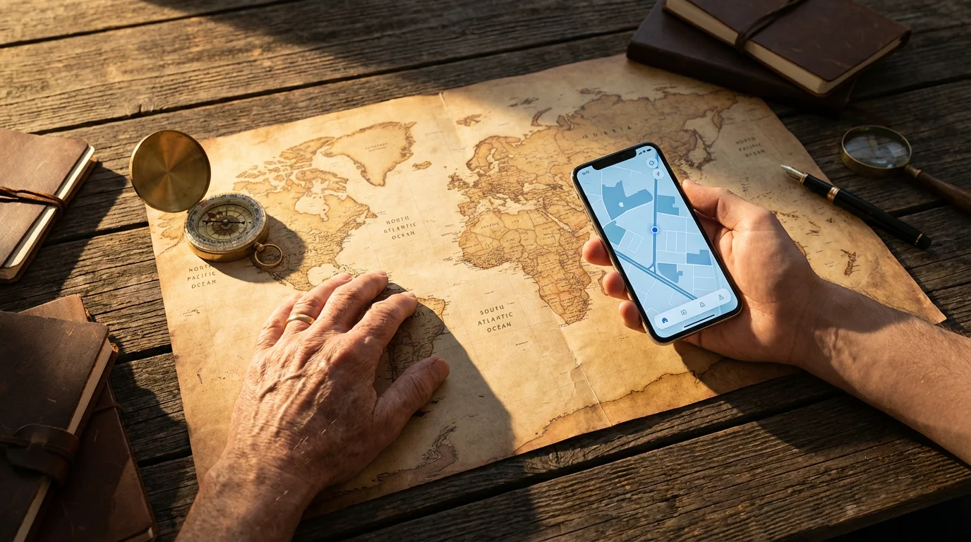 Overhead view of an old map on a wooden table with a compass and smartphone.