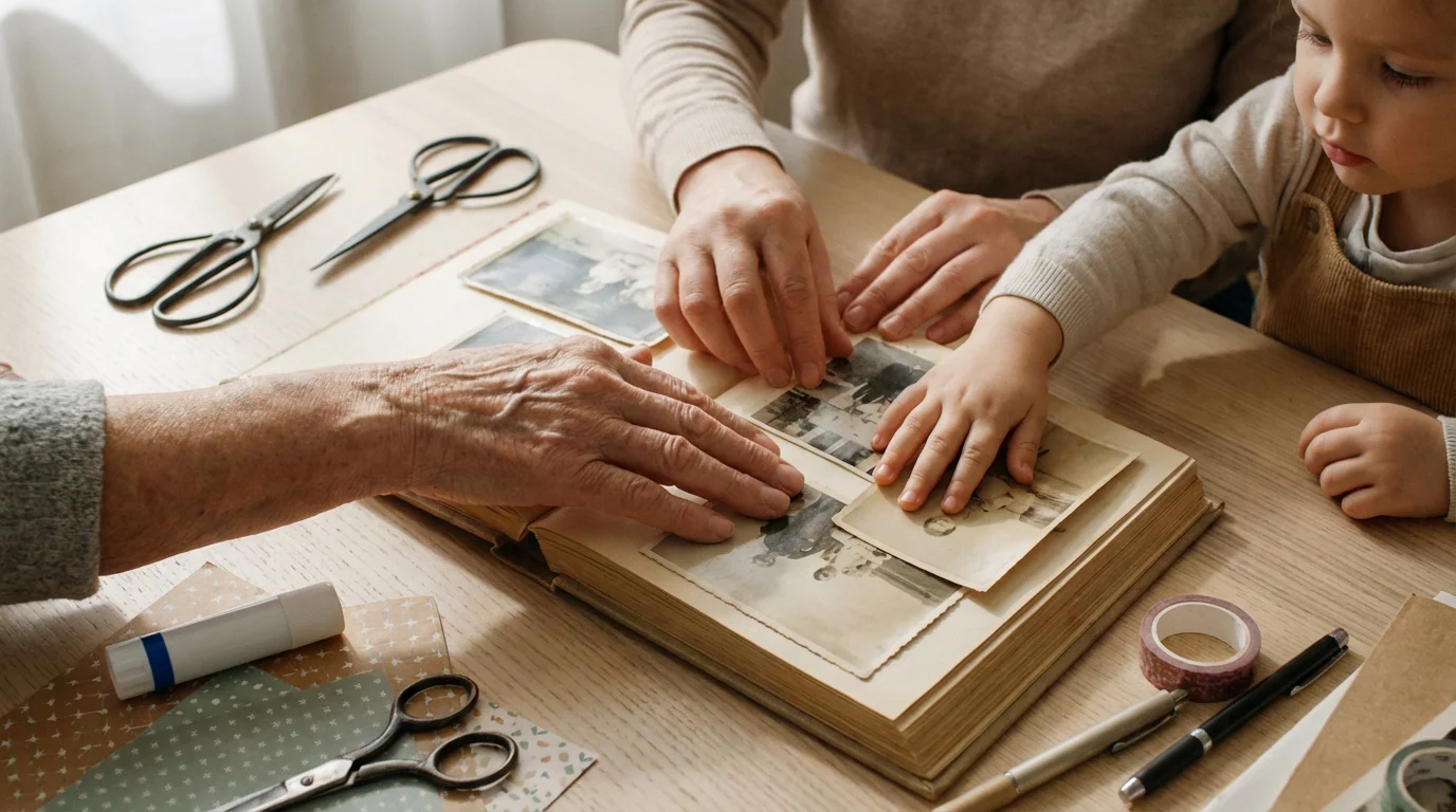 Overhead view of grandparent, parent, and child's hands creating a family scrapbook together.
