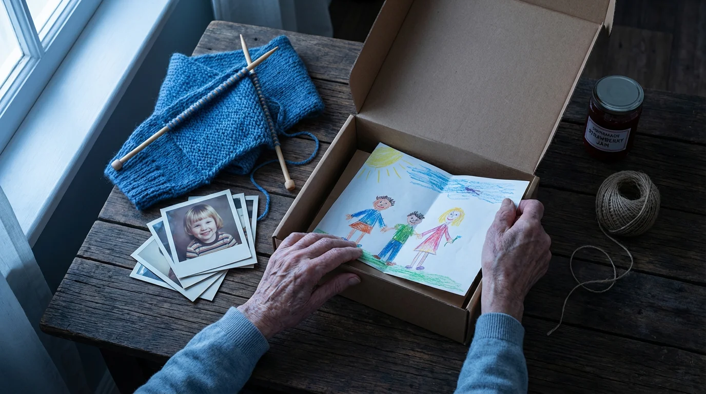 Overhead view of grandparent's hands packing a care package for a grandchild at dusk.