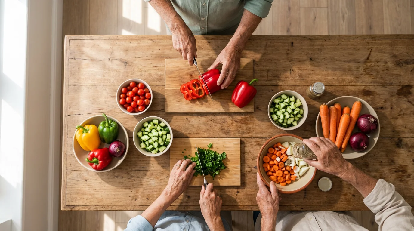 Overhead view of seniors' hands preparing fresh vegetables together in a cooking class.