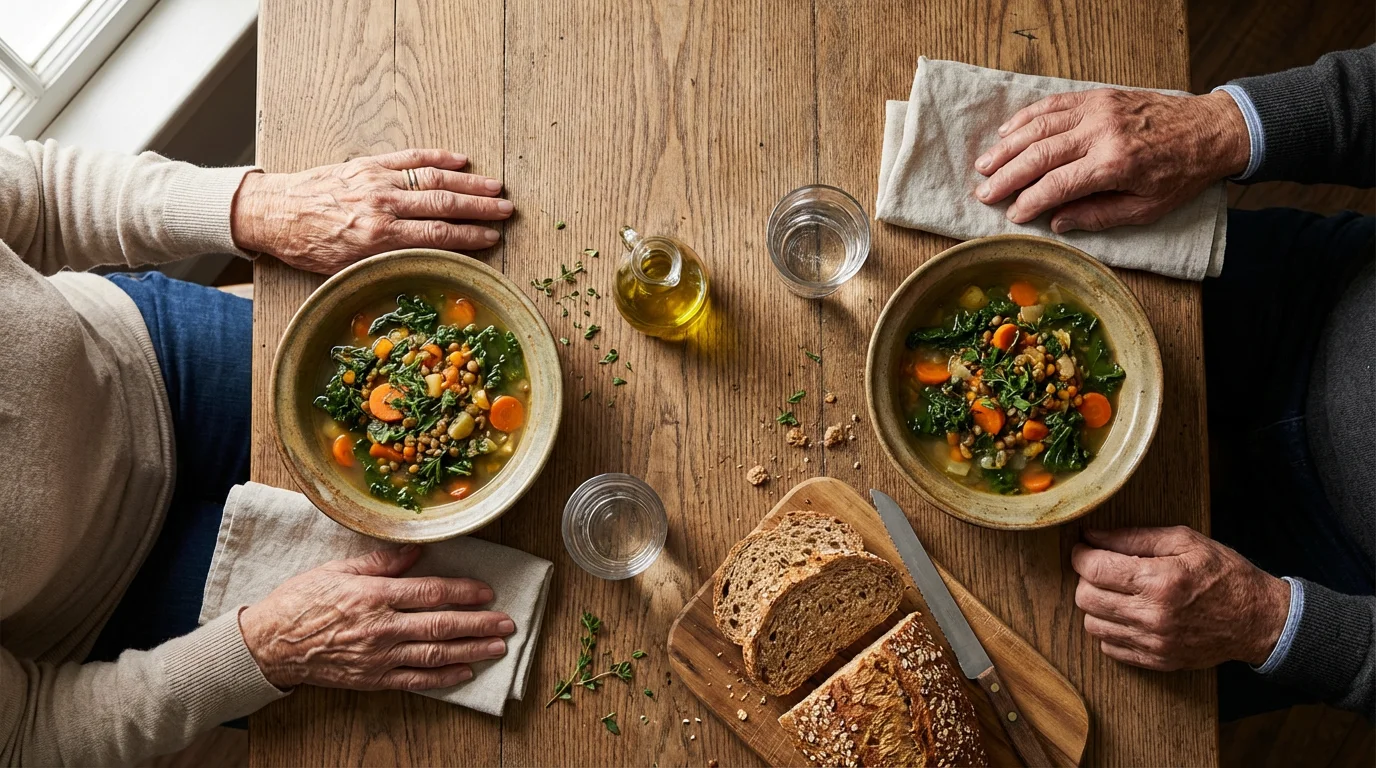 Overhead view of two seniors' hands at a rustic table sharing a healthy soup.