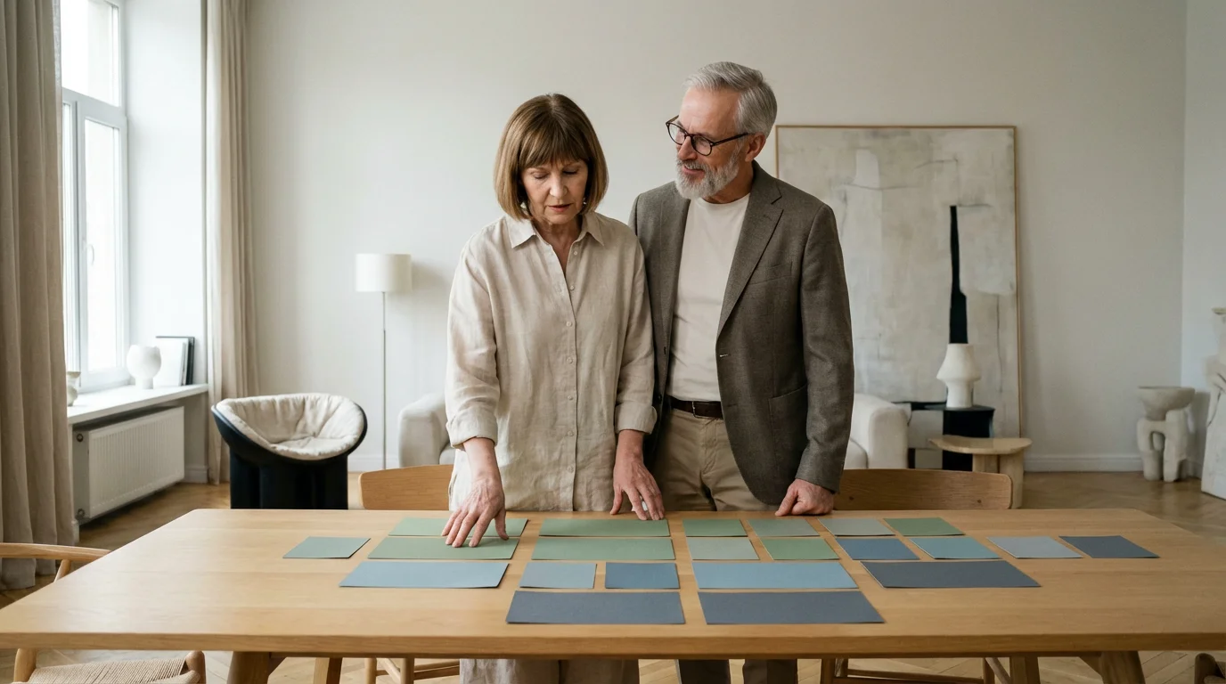 Senior couple at a sunlit table planning their retirement with a layout of cards.