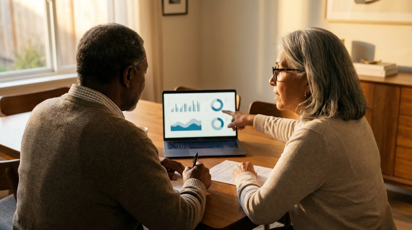 Senior couple at a table with a laptop and papers planning their retirement healthcare.