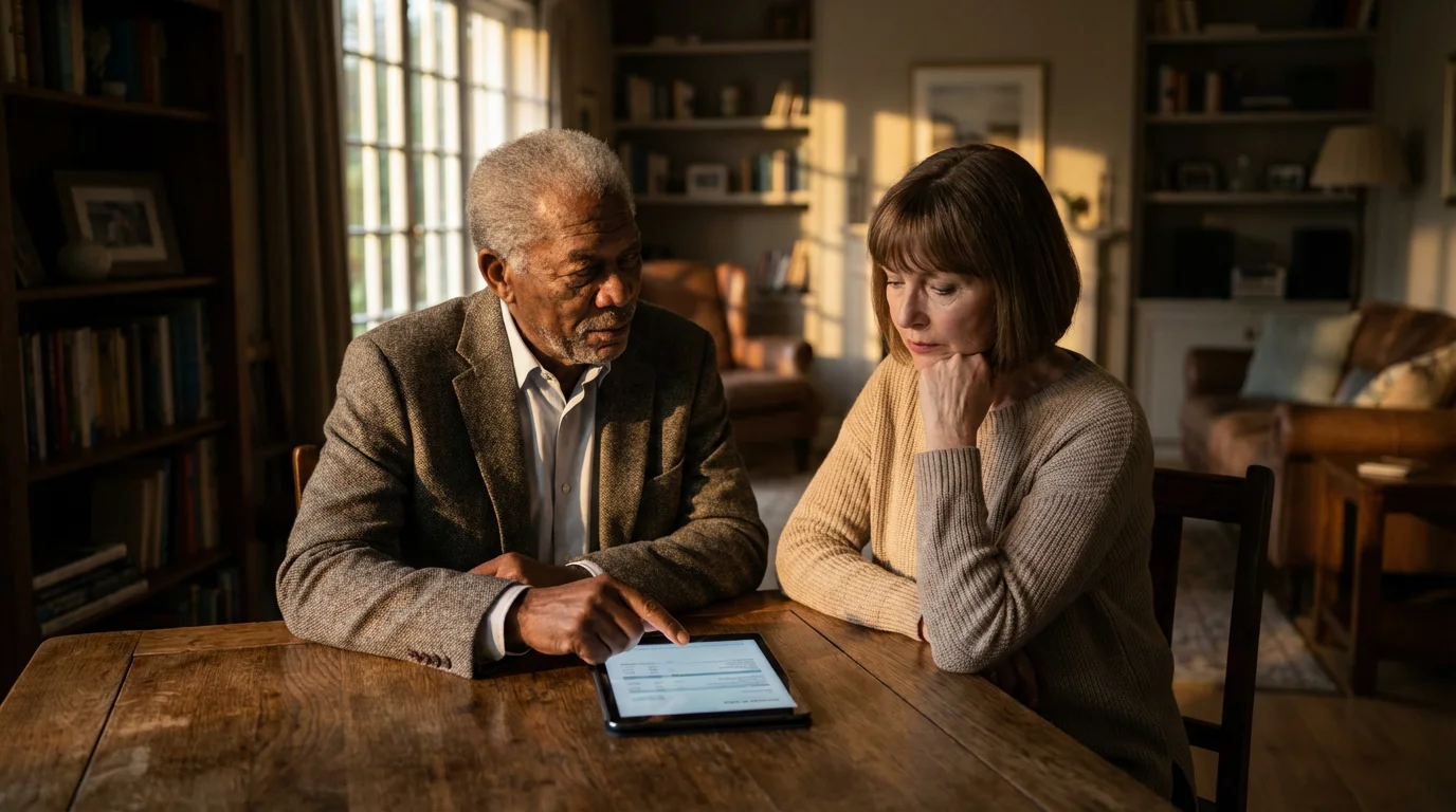 Senior couple at a table with a tablet, contemplating downsizing their home together.