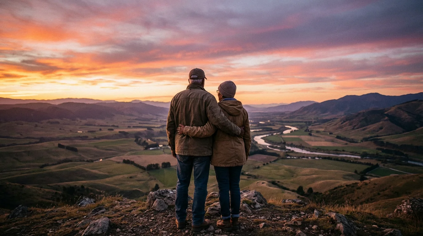 Senior couple embracing on a hilltop, watching a golden hour sunset over a valley.