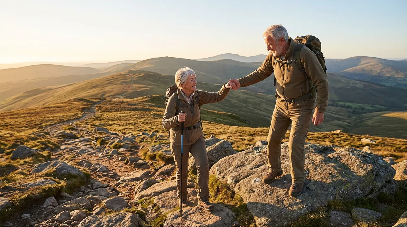Senior couple hiking on a rocky mountain trail in the soft morning light.