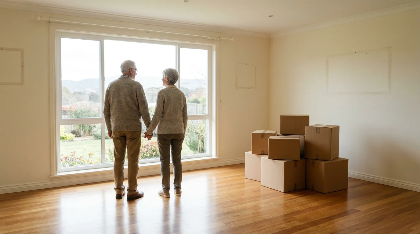 Senior couple holding hands in an empty living room with moving boxes, looking outdoors.