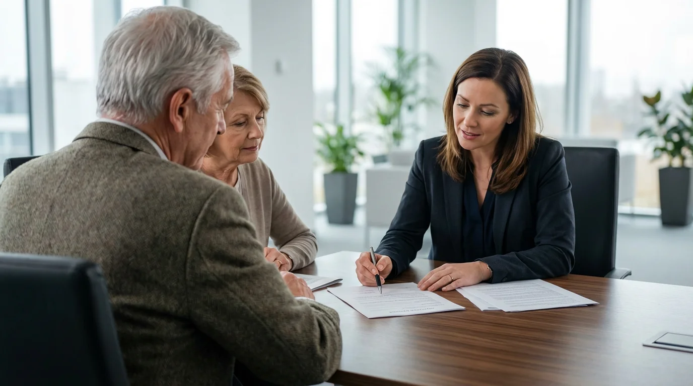 Senior couple in a meeting with a female legal advisor in a modern office.