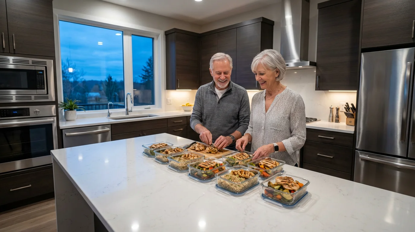 Senior couple in a modern kitchen preparing healthy weekly meals in glass containers.